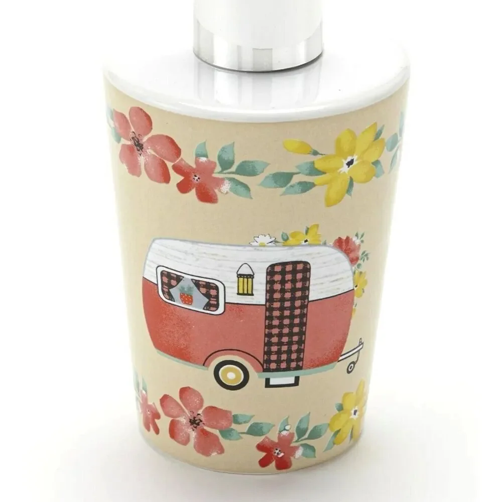 Travel Trailer Soap Pump Dispenser Floral Retro Camper Kitchen Bath Ceramic NEW